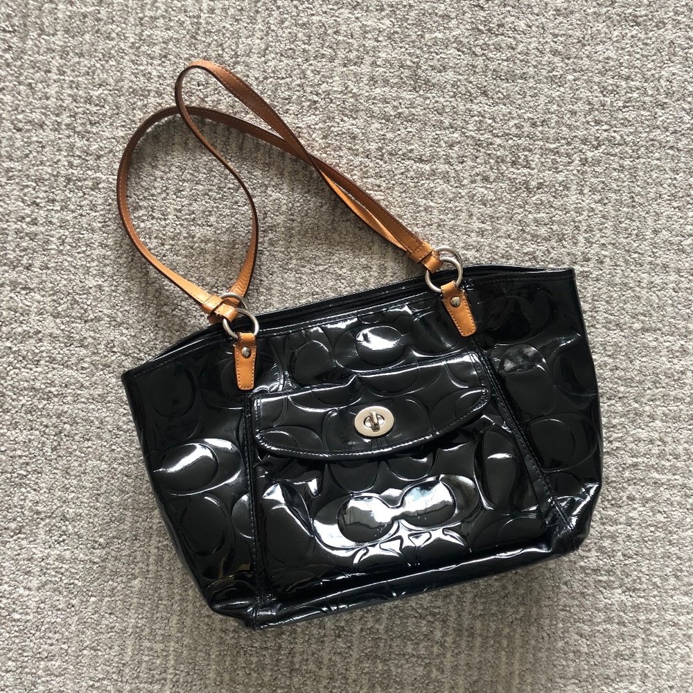 Black patent leather Coach tote